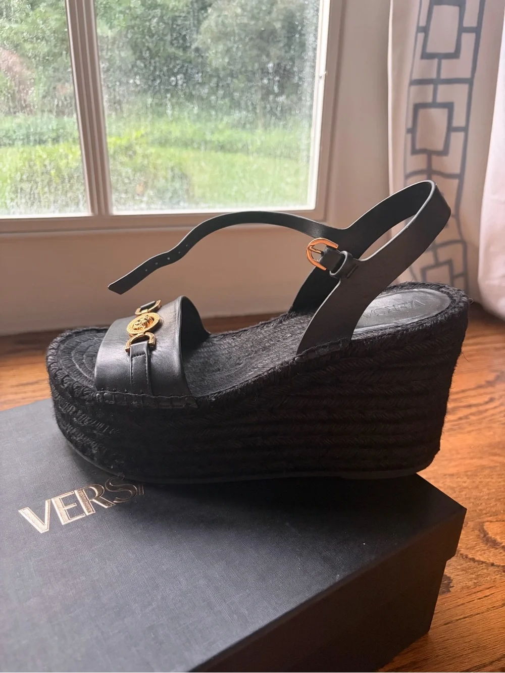 Versace Black Platform Espadrille Sandals with Gold Medusa Medallion Accent